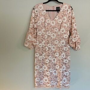 Adrianna Papell Blush Pink and White Floral Lace Dress Bell Sleeve